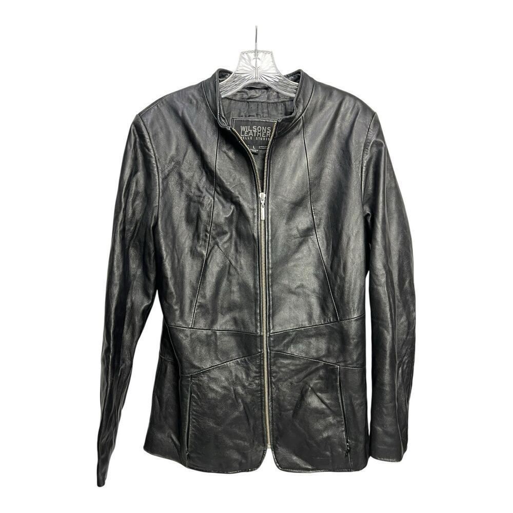 Wilsons Leather Pelle Studio Women's Zip Up Black Leather Jacket Size Large